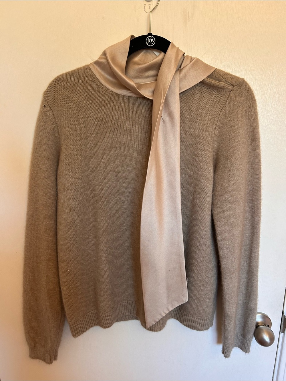 Tory Burch Taupe Crewneck Sweater with Silk Scarf Detail